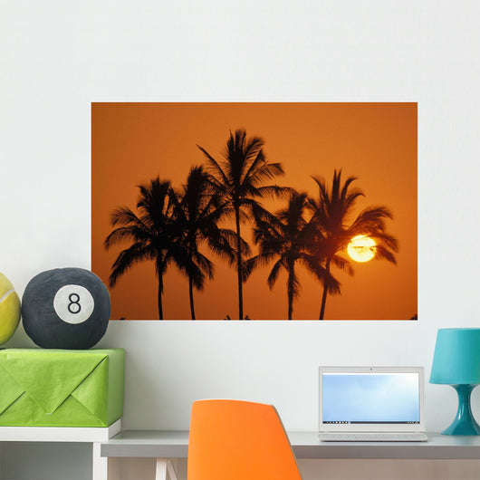 Hawaii, Sunset, Cluster Of Palm Trees, Sun Ball Wall Mural