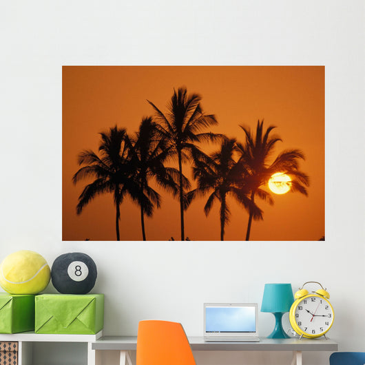 Hawaii, Sunset, Cluster Of Palm Trees, Sun Ball Wall Mural