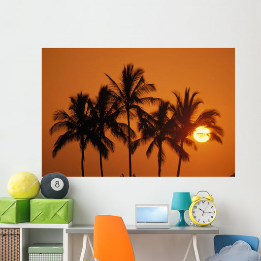 Hawaii, Sunset, Cluster Of Palm Trees, Sun Ball Wall Mural