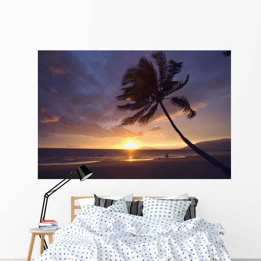 Couple And Dog Walking Along The Beach Wall Mural