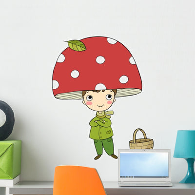 Mushroom Cap Boy Gnome Wall Decal shown on a wall