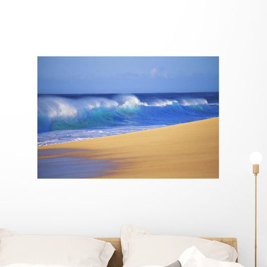Shorebreak Waves Along Sandy Beach, Blue Sky Wall Mural