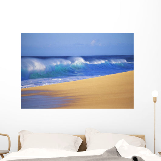 Shorebreak Waves Along Sandy Beach, Blue Sky Wall Mural