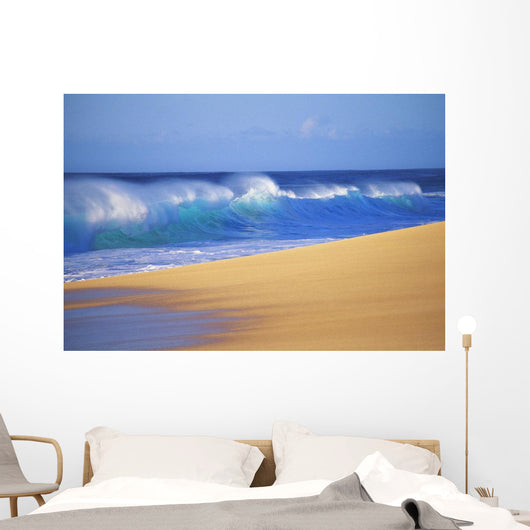 Shorebreak Waves Along Sandy Beach, Blue Sky Wall Mural