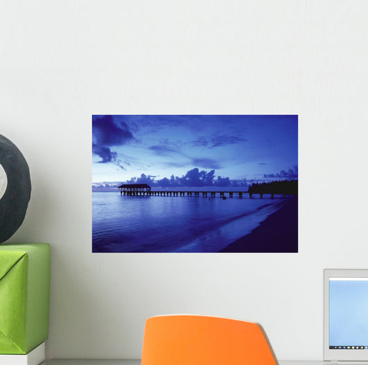 Hawaii, Kauai, Hanalei Bay, Pier At Twilight, Deep Blue Sky And Ocean Wall Mural