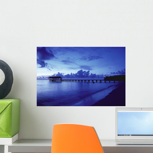 Hawaii, Kauai, Hanalei Bay, Pier At Twilight, Deep Blue Sky And Ocean Wall Mural