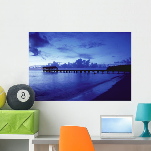 Hawaii, Kauai, Hanalei Bay, Pier At Twilight, Deep Blue Sky And Ocean Wall Mural