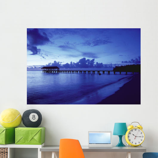 Hawaii, Kauai, Hanalei Bay, Pier At Twilight, Deep Blue Sky And Ocean Wall Mural