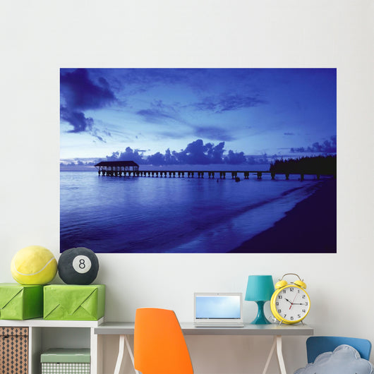 Hawaii, Kauai, Hanalei Bay, Pier At Twilight, Deep Blue Sky And Ocean Wall Mural
