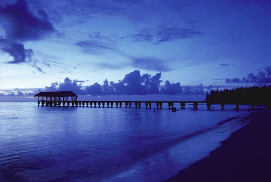 Hawaii, Kauai, Hanalei Bay, Pier At Twilight, Deep Blue Sky And Ocean Wall Mural