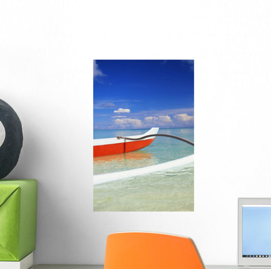 Red And White Outrigger Canoe Floating On Calm Turquoise Water Wall Mural