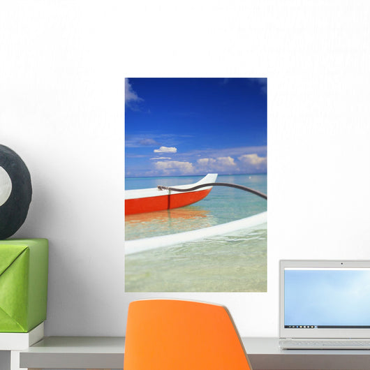 Red And White Outrigger Canoe Floating On Calm Turquoise Water Wall Mural