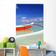 Red And White Outrigger Canoe Floating On Calm Turquoise Water Wall Mural