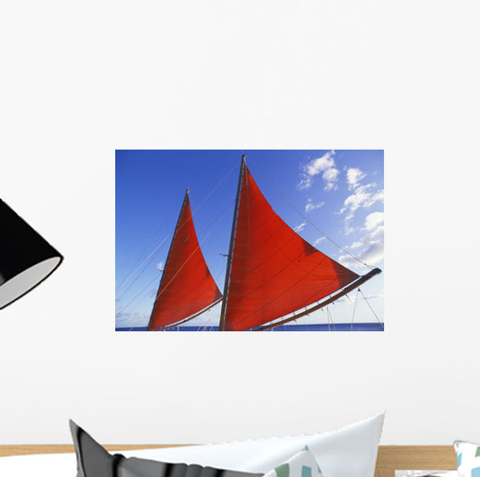 Hawaii, Oahu, Waikiki, Bright Red Sails Of Aikane Catamaran Wall Mural