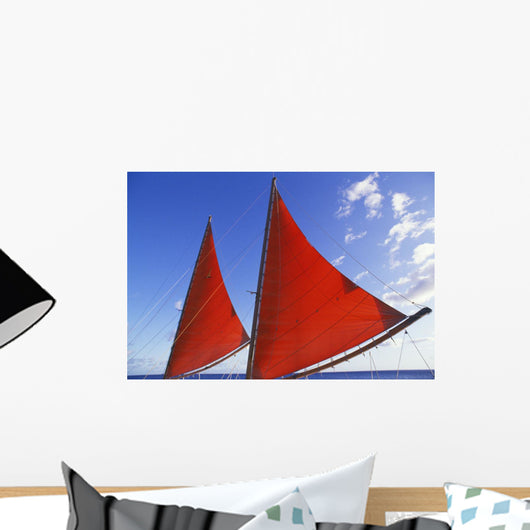 Hawaii, Oahu, Waikiki, Bright Red Sails Of Aikane Catamaran Wall Mural