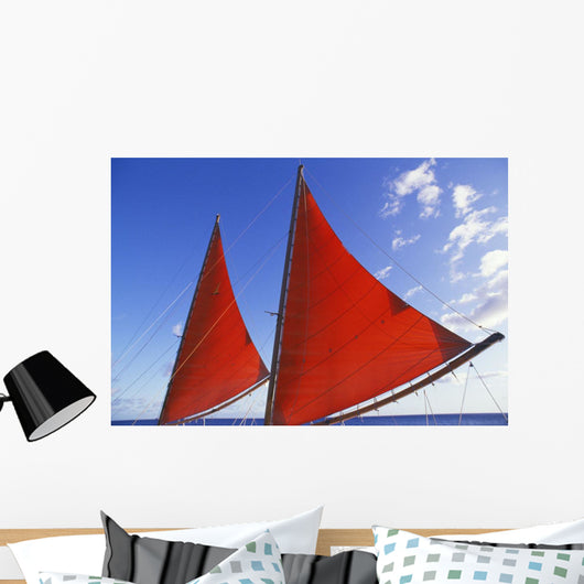 Hawaii, Oahu, Waikiki, Bright Red Sails Of Aikane Catamaran Wall Mural