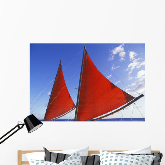 Hawaii, Oahu, Waikiki, Bright Red Sails Of Aikane Catamaran Wall Mural