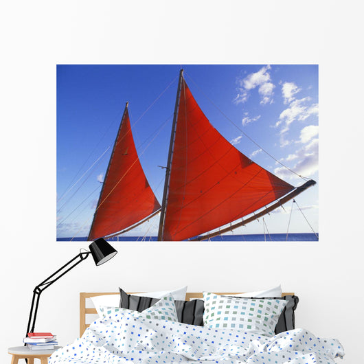 Hawaii, Oahu, Waikiki, Bright Red Sails Of Aikane Catamaran Wall Mural