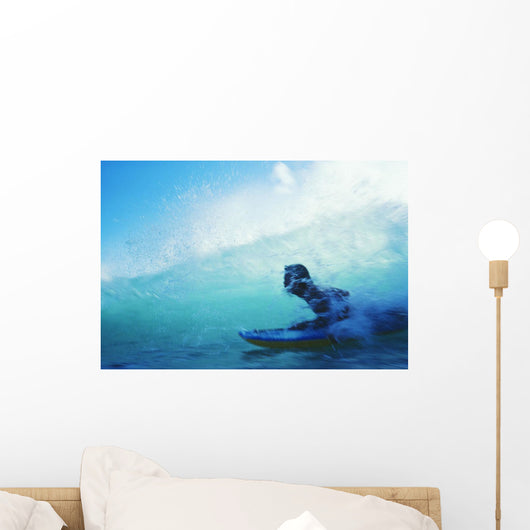 Hawaii, Oahu, Waikiki, Boogieboarder Riding Inside Wave Wall Mural