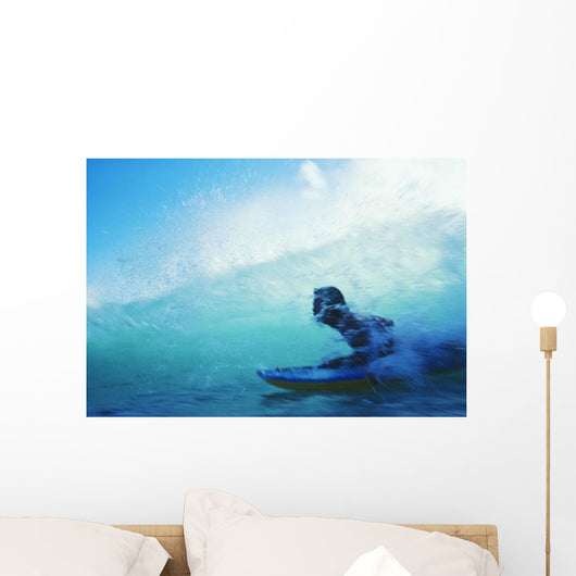 Hawaii, Oahu, Waikiki, Boogieboarder Riding Inside Wave Wall Mural