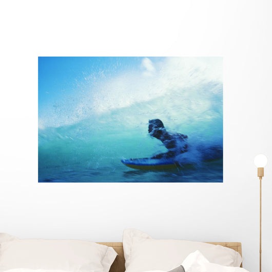 Hawaii, Oahu, Waikiki, Boogieboarder Riding Inside Wave Wall Mural