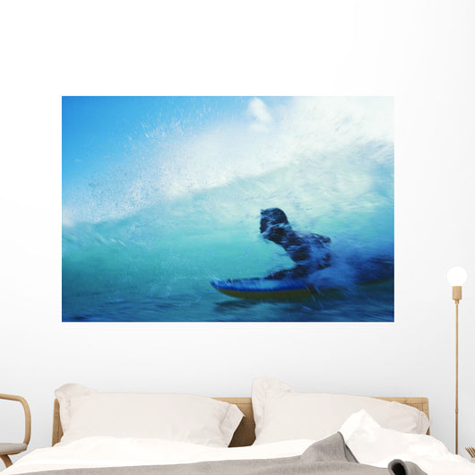 Hawaii, Oahu, Waikiki, Boogieboarder Riding Inside Wave Wall Mural