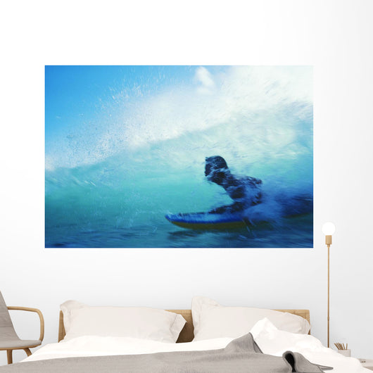 Hawaii, Oahu, Waikiki, Boogieboarder Riding Inside Wave Wall Mural