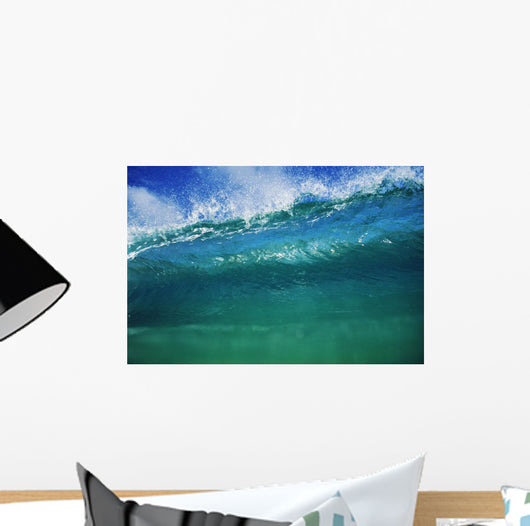 Hawaii, Green Wave At It's Peak With White Wash, Blue Sky Wall Mural