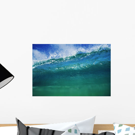 Hawaii, Green Wave At It's Peak With White Wash, Blue Sky Wall Mural