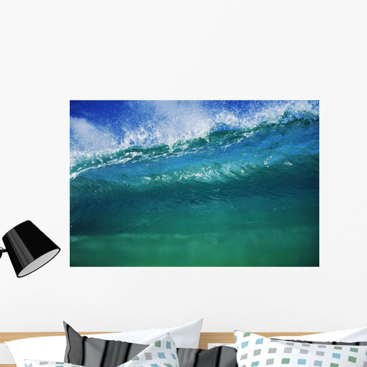Hawaii, Green Wave At It's Peak With White Wash, Blue Sky Wall Mural