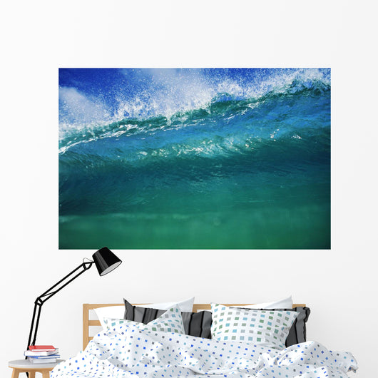 Hawaii, Green Wave At It's Peak With White Wash, Blue Sky Wall Mural