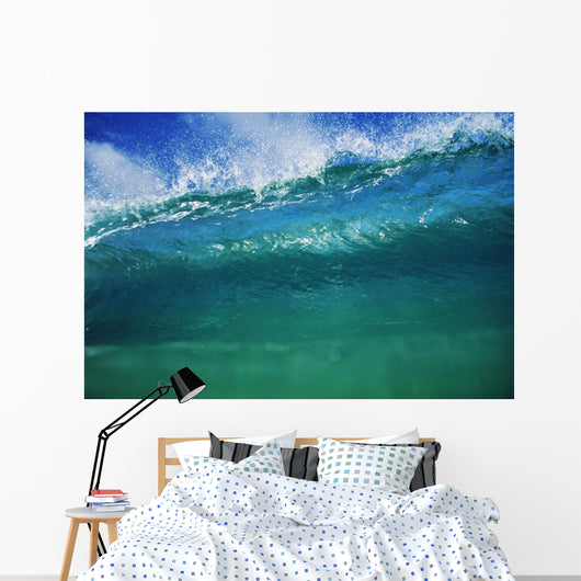 Hawaii, Green Wave At It's Peak With White Wash, Blue Sky Wall Mural