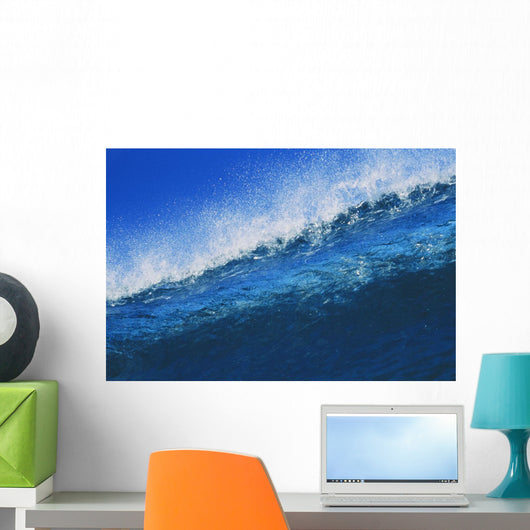 Hawaii, Bright Blue Wave At It's Peak With White Wash, Blue Sky Wall Mural