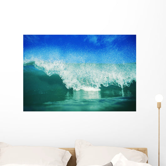 Hawaii, Green Wave Breaking Front View With Blue Skies In Background Wall Mural
