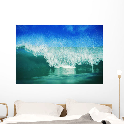 Hawaii, Green Wave Breaking Front View With Blue Skies In Background Wall Mural