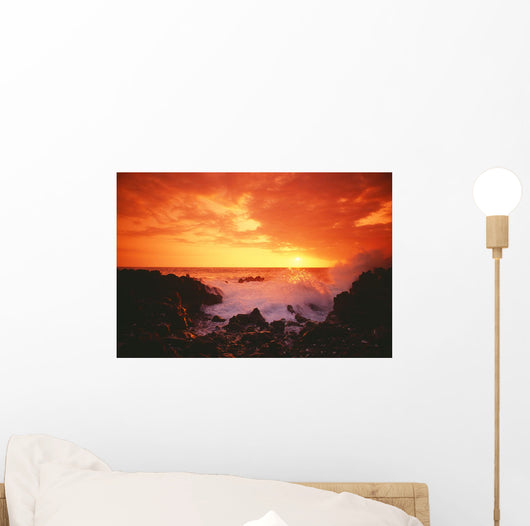 Hawaii, Big Island, Kona, Keahou, Sunset And Surf On Rocks Wall Mural