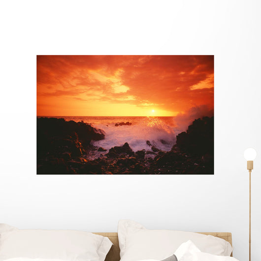 Hawaii, Big Island, Kona, Keahou, Sunset And Surf On Rocks Wall Mural