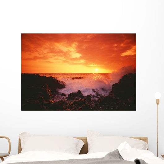 Hawaii, Big Island, Kona, Keahou, Sunset And Surf On Rocks Wall Mural