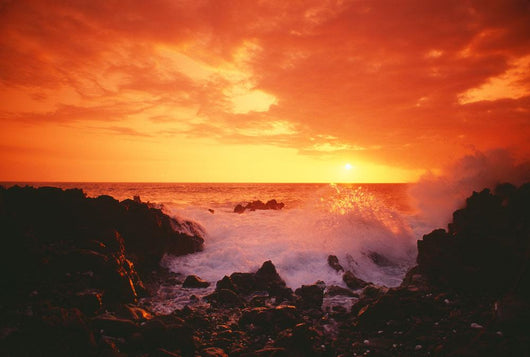 Hawaii, Big Island, Kona, Keahou, Sunset And Surf On Rocks Wall Mural