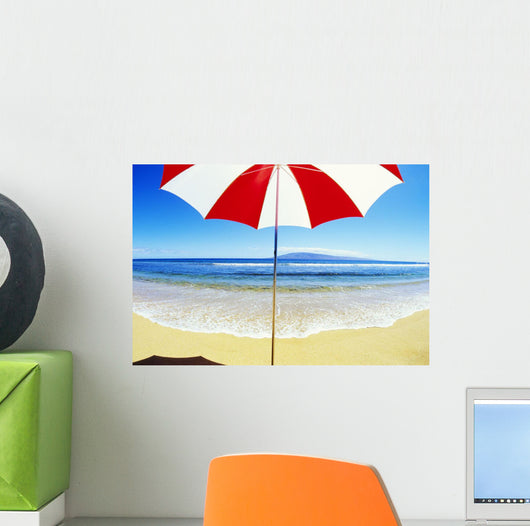 Red And White Umbrella On The Beach, Blue Sky And Ocean Wall Mural