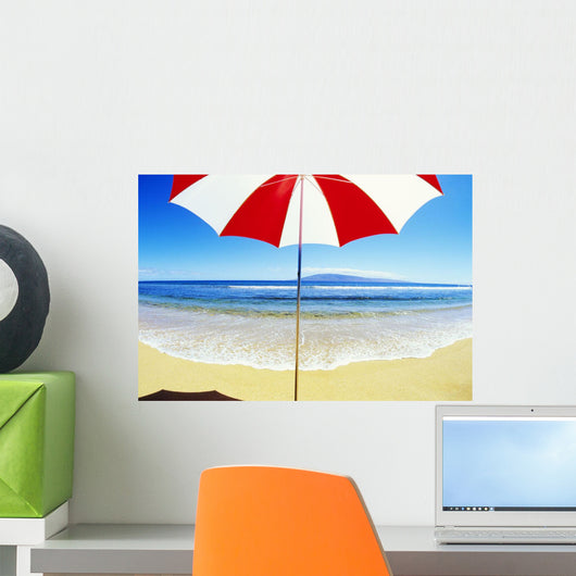 Red And White Umbrella On The Beach, Blue Sky And Ocean Wall Mural