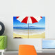 Red And White Umbrella On The Beach, Blue Sky And Ocean Wall Mural