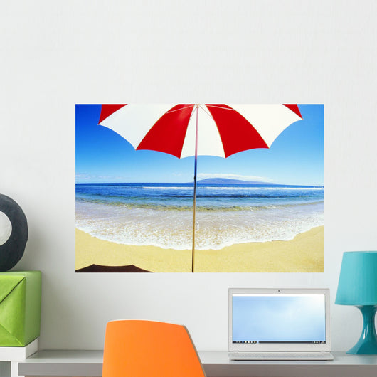 Red And White Umbrella On The Beach, Blue Sky And Ocean Wall Mural