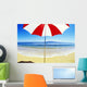 Red And White Umbrella On The Beach, Blue Sky And Ocean Wall Mural