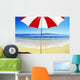 Red And White Umbrella On The Beach, Blue Sky And Ocean Wall Mural