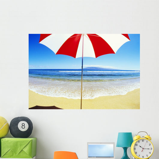 Red And White Umbrella On The Beach, Blue Sky And Ocean Wall Mural