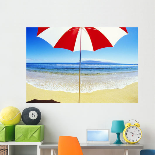 Red And White Umbrella On The Beach, Blue Sky And Ocean Wall Mural