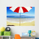 Red And White Umbrella On The Beach, Blue Sky And Ocean Wall Mural