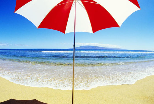Red And White Umbrella On The Beach, Blue Sky And Ocean Wall Mural