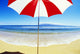 Red And White Umbrella On The Beach, Blue Sky And Ocean Wall Mural